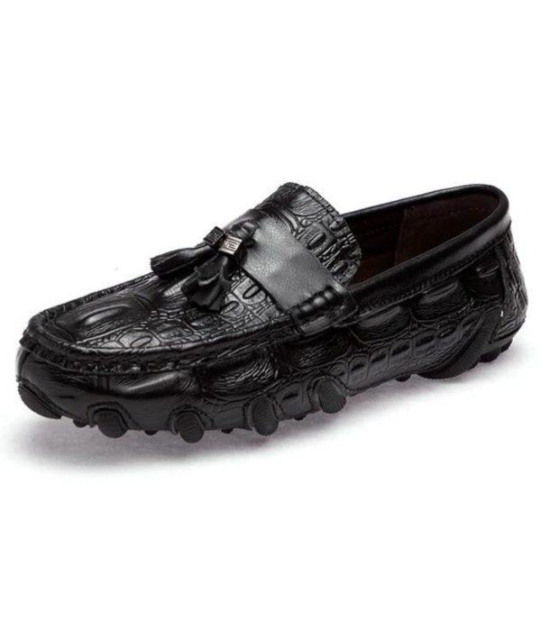 mocassins en cuir noir effet peau de crocodile
